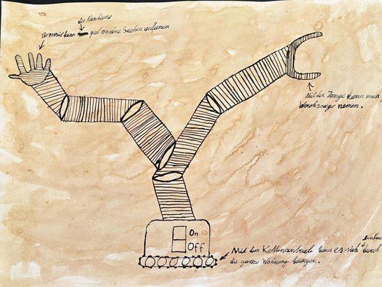 Schüler:innenzeichnung einer erfundenen Maschine mit Greifarm und Zange im Stil von Leonardo da Vinci. Das Projekt verbindet historische Zeichentechniken mit Künstlicher Intelligenz.