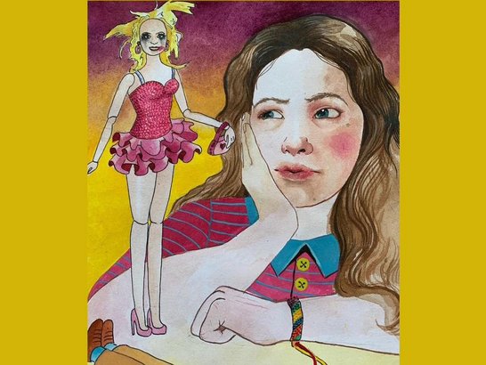 Gelbes Plakat zur Theaterproduktion „Barbie END Ken“ der 11. und 12. Klasse mit einer gezeichneten Jugendlichen und einer Barbiepuppe.
