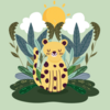 Illustration Tiger und Dschungel mit Sonne und Wolken im Hintergrund