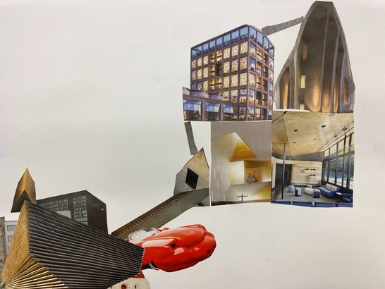 Collage aus ausgeschnittenen Fotografien moderner Architektur, Innenräume und eines roten Sportwagens auf weißem Hintergrund.