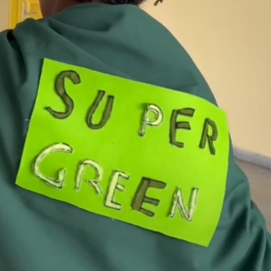 Am Rücken ist ein neongrüner Zettel mit goldener Schrift super green angeheftet