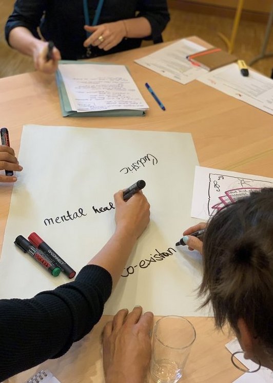 Vier Leute sitzen an einem Tisch. Drei schreiben Worte auf ein großes Blatt Papier, während eine gegenüber der anderen sitzt mit einem beschrieben Block.