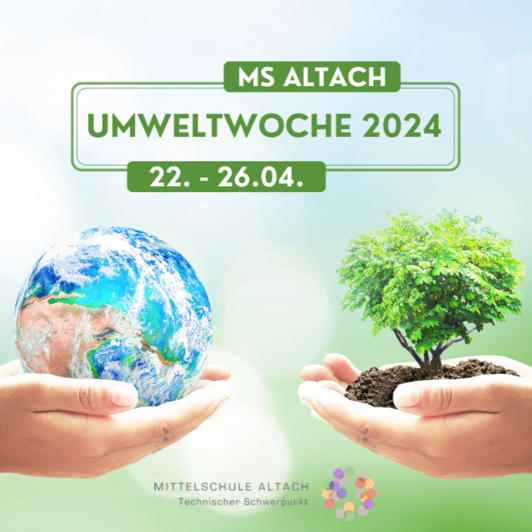 Plakat zur Umweltwoche 2024 2 Hände eine hält die Erdkugel, eine hält einen kleinen Baum