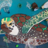 Gezeichnetes Bild einer Schildkröte im Meer mit Plastikabfall umgeben