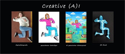 Fotocollage von einem Digitalfoto von einer Schülerin die seitwärts mit abgewinkelten Beinen liegt,  daneben dieses Bild gezeichnetet,daneben das Bild KI-generiert und daneben 3D Druck-Figur.