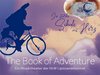 Plakat mit Wolken und einem Umriss  eines Menschen auf einem Fahrrad in blau. Schriftzug The book of Adventures du die starke Schule mit Herz