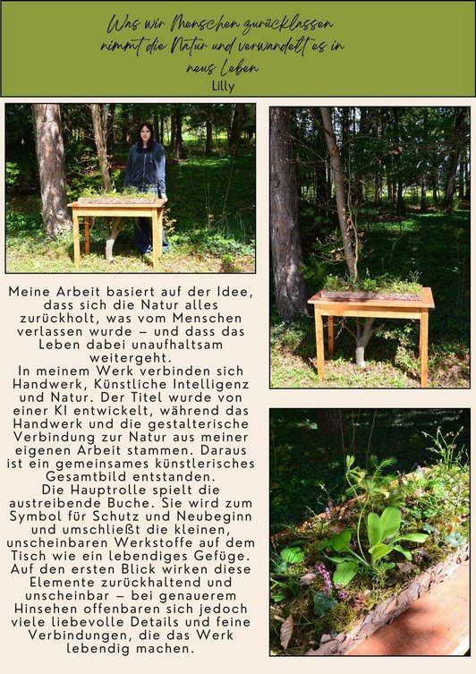 Gedanken von einer Schülerin zum Thema Handwerk, KI, und Natur. Abgebildet ist auch ein Fotos  mit einem Tisch und dem Mädchen.