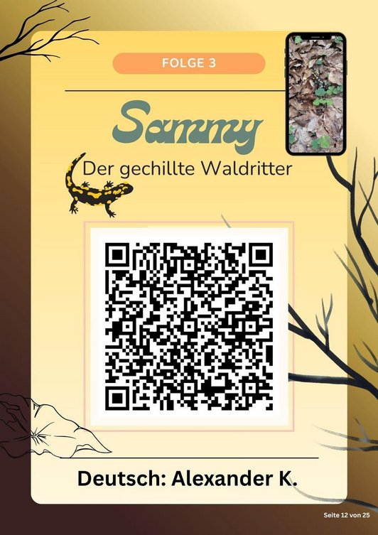 Plakat mit QR-Code zu Podast mit Schriftzug: Sammy. Der gechillte Walsritter. Deutsch.