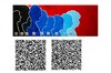 Gemaltes Bild mit drei schwarzen und sechs blauen Silhouetten von Köpfen und QR-Codes vor rotem Hintergrund, darunter zwei große QR-Codes