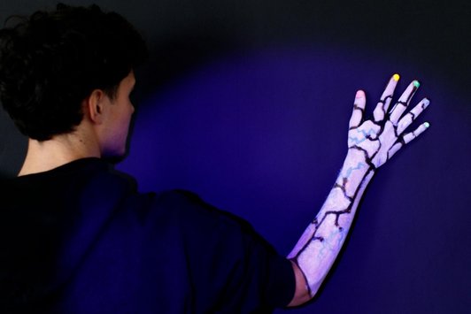 Foto eines Schülers mit seiner Hand schwarz/weiß bemalt.Mit neonen färbigen Fingernägeln.