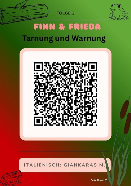Plakat mit QR-Code zu Podast mit Schriftzug: Finn & Frieda Tarnung und Warnung. Italienisch.