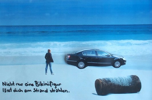 Fotocollage mit einem Mädchen, einem Auto und radioaktivem Material am Strand und dem Schriftzug „Nicht nur eine Bikinifigur lässt dich am Strand strahlen.“