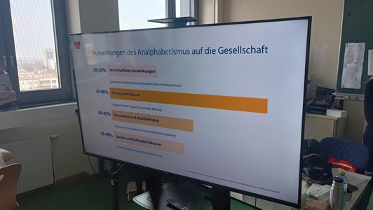 Display mit Diagramm zu Auswirkungen von Analphabetismus auf Gesellschaft