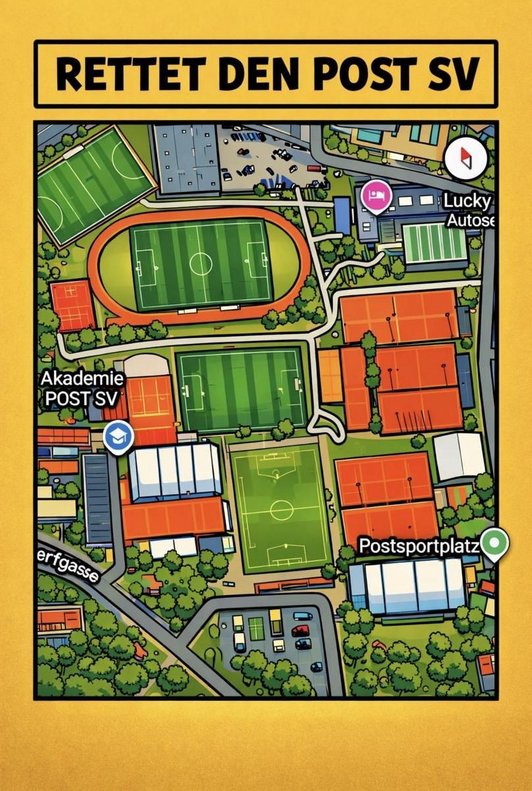 Plakat im Comicstil von Sportplätzen von oben mit gelben Hintergrund. Schriftzug: Rettet den Post SV