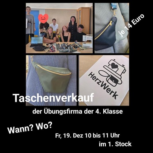 Fotocollage mit Bildern von den Schüler:innen und der Leherin mit Stoffen und Nähmaschine, sowie Bilder von einigen Taschen und das Logo Herzwerk