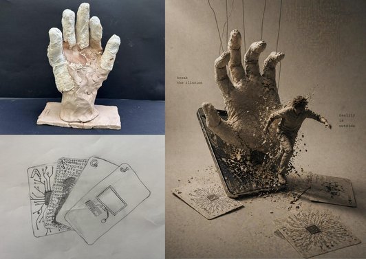 Fotos von einer geformten Hand aus Ton.Weiter eine Bleistiftzeichnung von Spielkarten. Das dritte Bild  ist eine von KI generiertes Bild aus der Kombition.