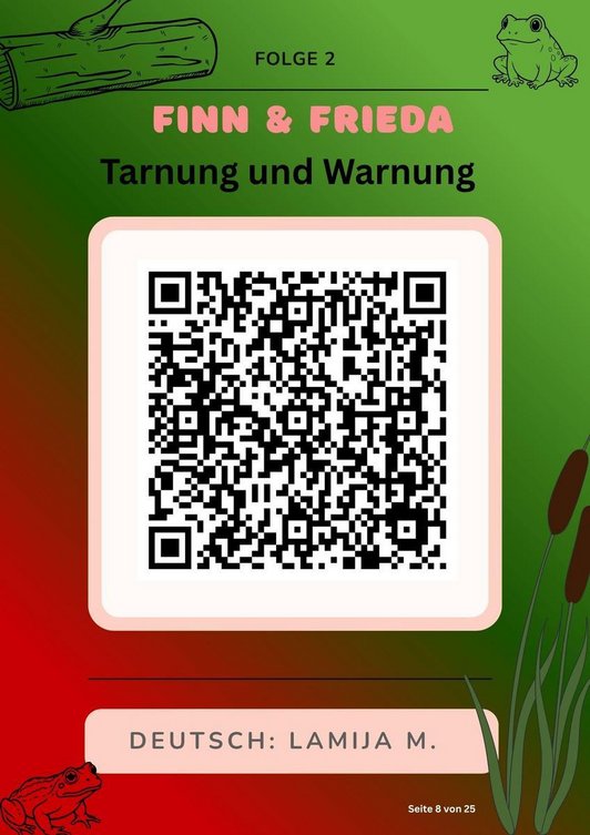 Plakat mit QR-Code zu Podast mit Schriftzug: Finn & Frieda Tarnung und Warnung. Deutsch.