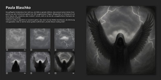 Schritte von der Eingabe bis zum fertigen KI-Bild. Ein geflügelter Schattenhorst mit Kapuze ausgebeiteten Flügeln, Blitzgewitter im Hintergrund. schwarz/weiss.