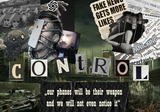 Fotomontage einer düsteren Stadt. Im Vordergrund ein Mensch mit einer Art " Hanykrake über dem Gesicht. Ein Bild einer Holzmarionette.Schriftzug : Control "our phones will be their weapon and we will not even notice it"