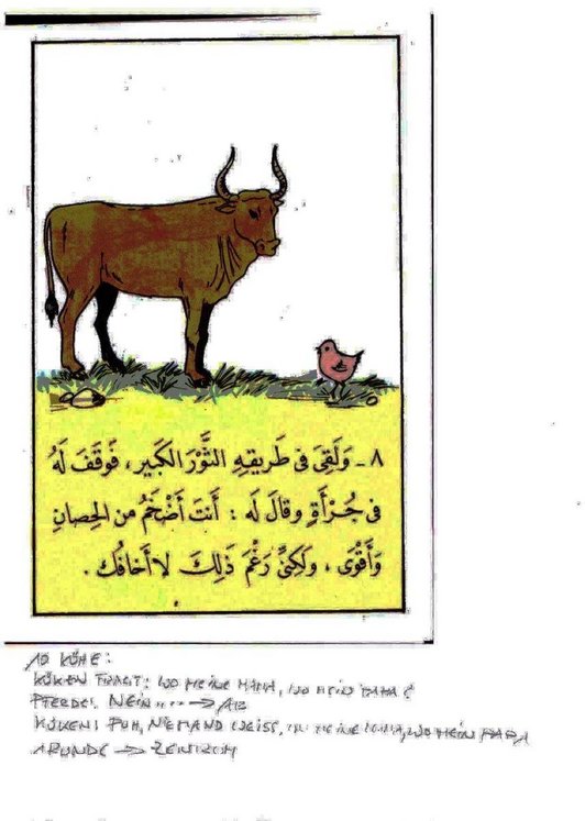 Zeichnung von Küken und Kuh mit arabischer Schrift darunter