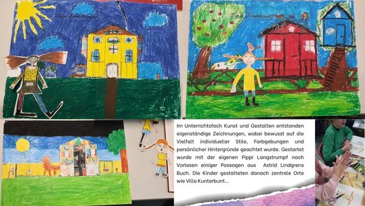 3 Zeichnungen von Schülerinnen mit einem Haus und einem Mädchen davor,(eigene Pippi Langstrumpf) sowie ein Text, wie diese entstanden.