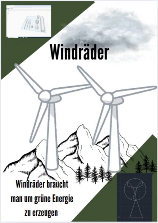 Plakat in grünweiss mit 2 gezeichneten Windrädern auf einem Berg. Schwarzer Schriftzug Windräder braucht man um Energie zu erzeugen