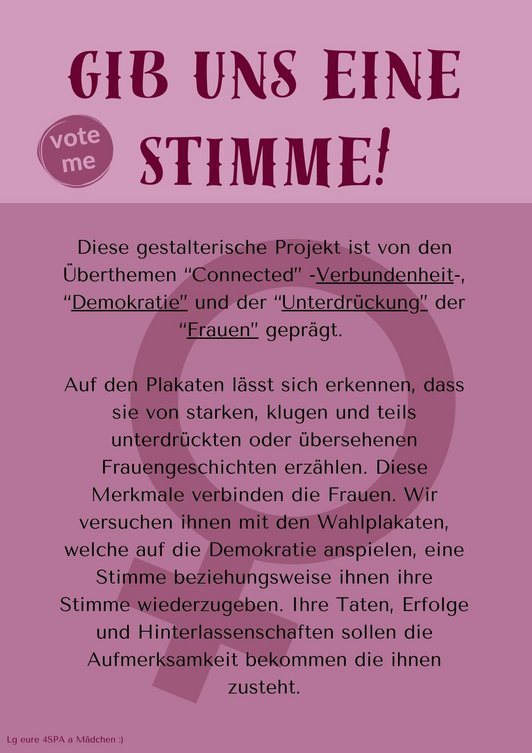 Plakat zur Stimme der Frau, rosa mit dem Zeichen der Weiblichkeit und Text um das Sichtbar Machen von „Frau“ in der Gesellschaft