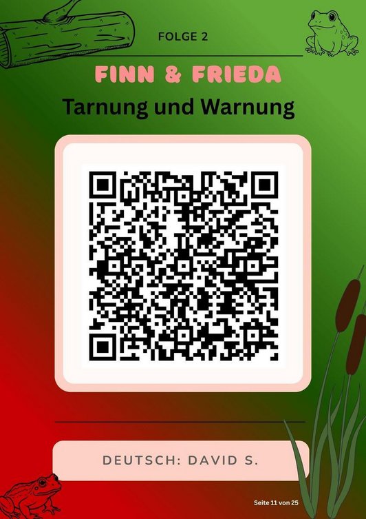 Plakat mit QR-Code zu Podast mit Schriftzug: Finn & Frieda Tarnung und Warnung. Deutsch.