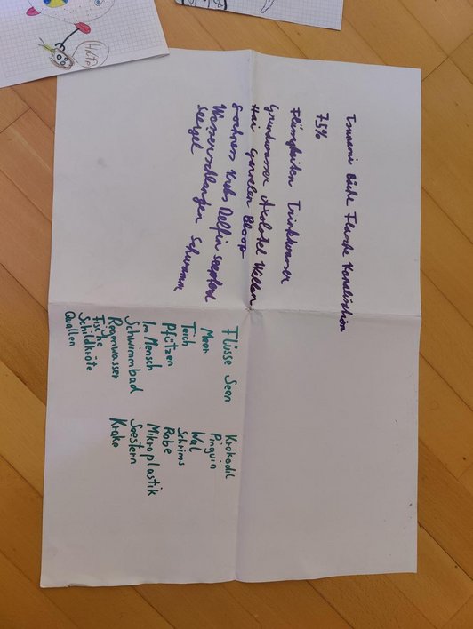 Zettel mit Handschrift-Text zum Thema Wasser auf Parkettboden
