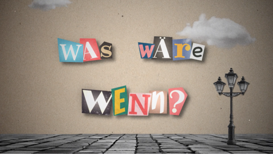 Videobild mit einer gepflsterten Straße und einer Straßenlaterne Schriftzug in bunten Schnipsel Was wäre wenn?