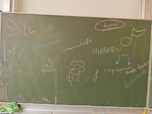 Foto einer Schultafel mit verschiedenen Wörtern z.B. Mikrofon, einprägend, Töne, Gemeinschaft und Zeichnungen z.B. eine Blume, eine Note, ein Instrument. 