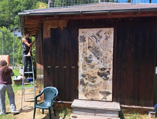 Schüler steht auf einer leiter und bemalt den Pavillion am Sportplatz, davor eine Collage an zeichnungen von Vögeln.