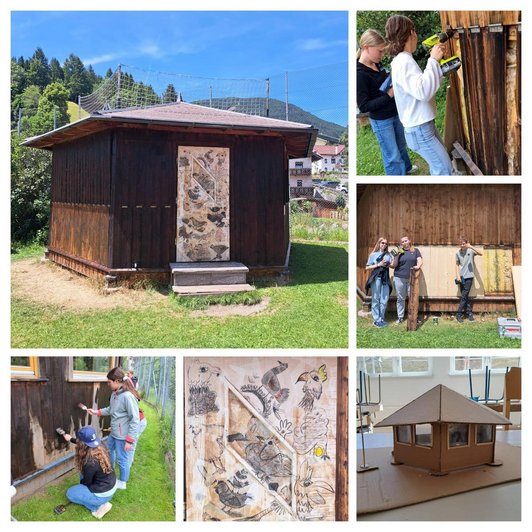 6 Fotos vonSchüler/innen Pavillion, Schüler/innen bei der Arbeit und Modell