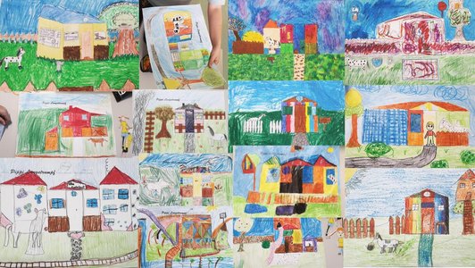 Foto vielr gezeichneter Bilder mit unterschiedlichen Abbildungen der "Villa Kunterbunt".