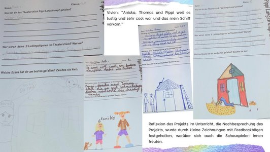 Fotos von Fragebögen mit Zeichnungen von Kindern darauf. Z.b. ein Haus und Pippi Langstrumpf.