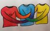 Zeichnung von 3 langärmelicgen T-Shirts in rot, blau und gleb. Die Ärmel sind miteinander verbunden