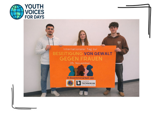 3 Jugendliche mit Plakat. Schriftzug: Internationaler tag zur Beseitigung von Gewalt gegen Frauen