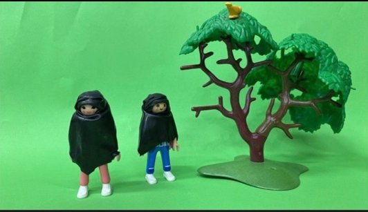 Videobild von Playmobilfiguren mit Kopdtug und einem Baum von Playmobil