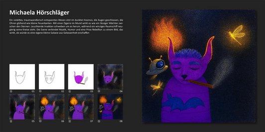 Schritte von der Eingabe bis zum fertigen KI-Bild. Ein violettes entspanntes Wesen im dunklen Kosmos, die Augen geschlossen, die Ohren glühend wiw kleine Feuerkanten. Mit einer Zigarette im Mund zwischen Sternen, leuchtende Insekten schweben herum, währen eine winziges Kaumschiff seine Kreise zieht.