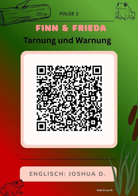 Plakat mit QR-Code zu Podast mit Schriftzug: Finn & Frieda Tarnung und Warnung. Englisch.