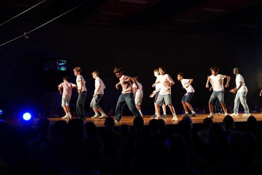 Schüler in identischer Tanzpose auf Bühne umgeben von Publikum