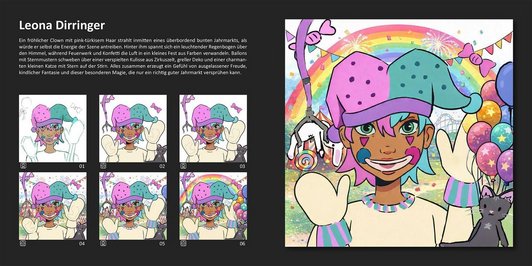 Schritte von der Eingabe bis zum fertigen KI-Bild. Ein fröhlicher Clown mit pink-türkisem Haar strahlt inmitten eines Jahrmarktes. Hiter der Szene spannt sich ein leuchtender Regenbogen….