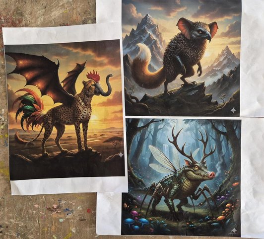 Generierte KI-Bilder mit Kreuzungen von Tieren aus denen Phantasietiere entstanden. Z.B.Leopard/Elefant/Hahn/Drache; Hirsch/Fliege/Krokodil/Schwein
