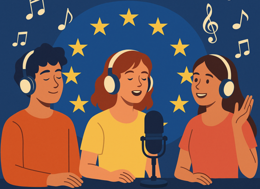 Illustration von 3 Jugendlichen mit Kopfhören davor ein Mikro. Im Hintergrund die Sterne der EU