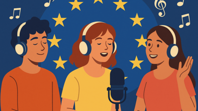 Illustration von 3 Jugendlichen mit Kopfhören davor ein Mikro. Im Hintergrund die Sterne der EU