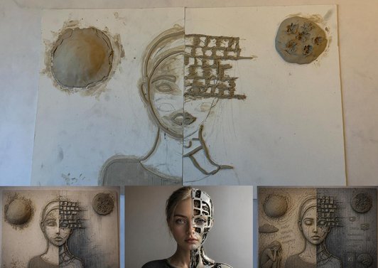 Foto von einem aus Ton geformten Figur Zweidimensional auf einem Blatt Papier. Eine Kopfseite hat eine Tastatur als Stirn. Vorlage für Entwurf und ein KI generiertes Bild damit.