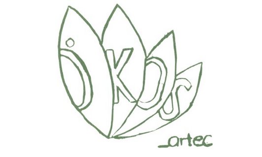 Rückseite eines Kartenspiels Vier grüne Blätter aufgefächert mit den Buchstaben ÖKOS, ausserhalb der Blätter steht_artec