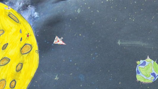 Videostill von Figuren am Mond und auf Raumschiff am Weg zur Erde, umgesetzt durch Kinderzeichnungen