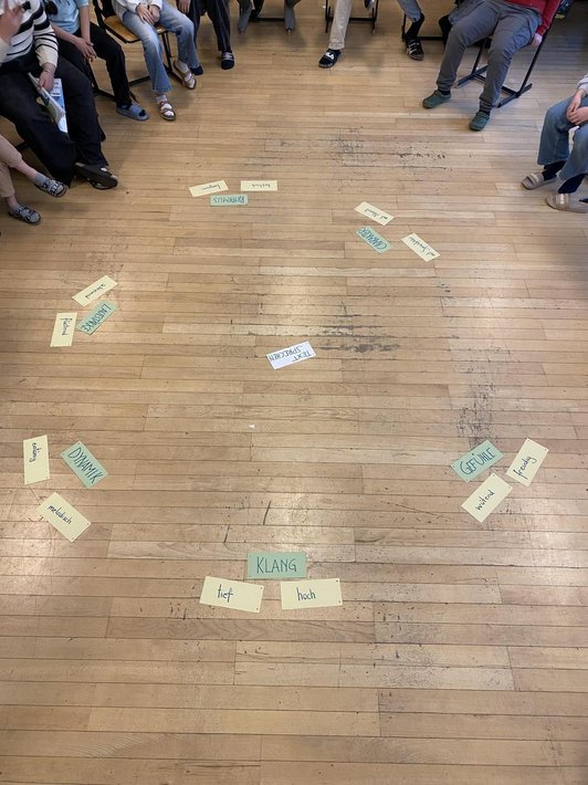 grüne und gelbe Zettel liegen gruppiert auf Parkettboden, Beine von Sitzenden im Hintergrund