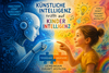 Erstelltes Bild eies Roboters und einem Mädchen. Die Zeigefinger brühren sich, in gelb/blau gehalten. Mit zei Puzzleteilen: Technologie-Kreativität